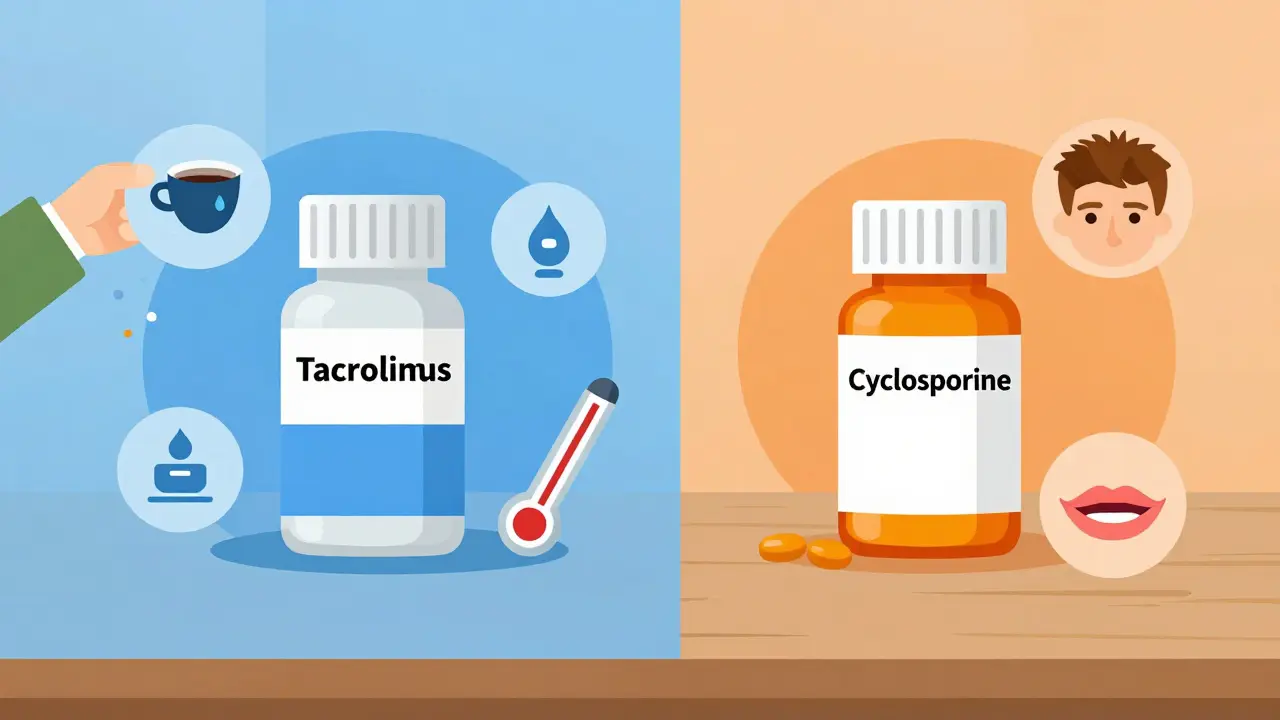 Comparison graphic showing different side effects of Tacrolimus and Cyclosporine pills.