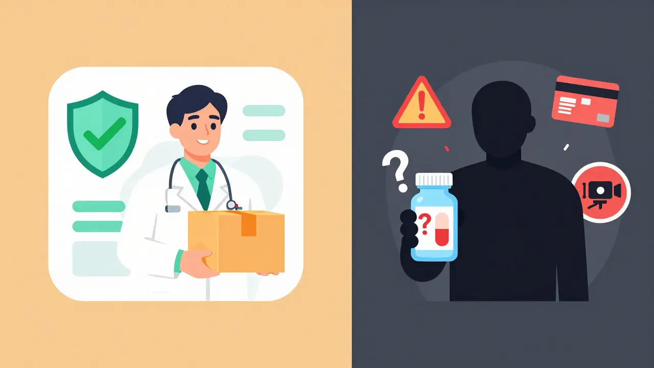 Comparison of a verified pharmacy versus a shady scam site