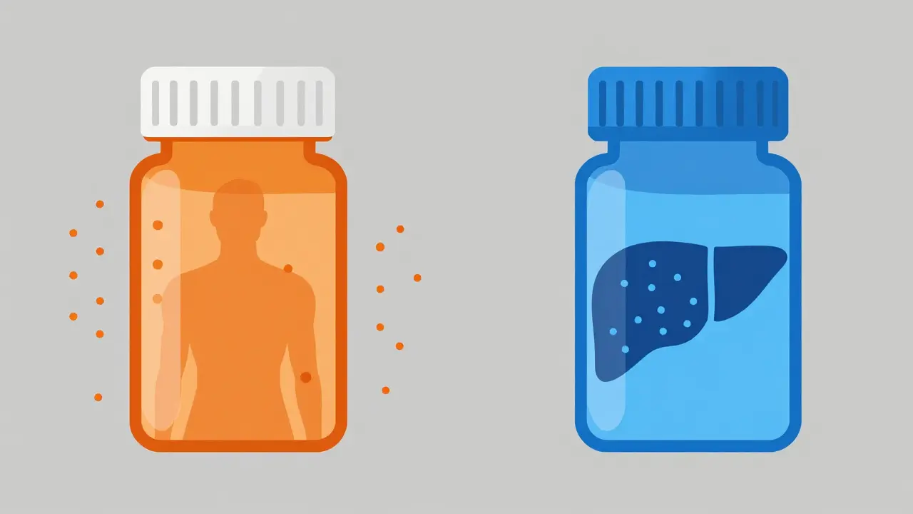 Comparison of two statin types showing how they affect muscles versus the liver