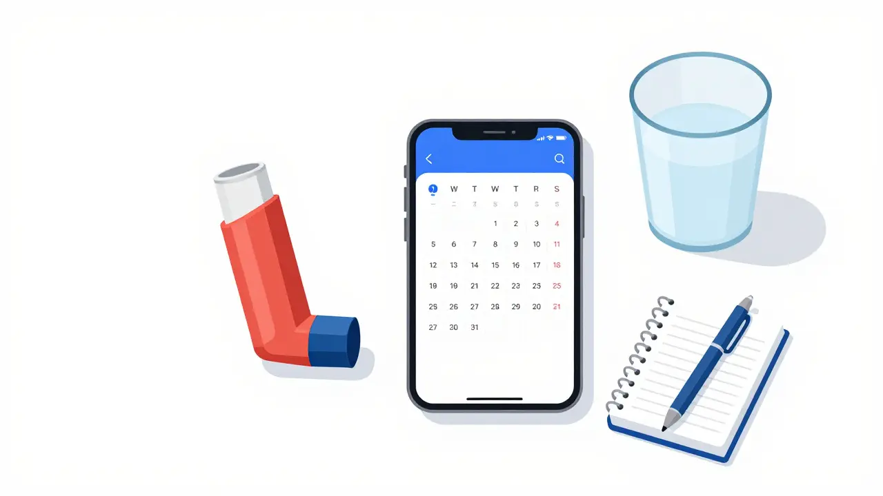 Desk setup with two inhalers, phone, and notebook for asthma management