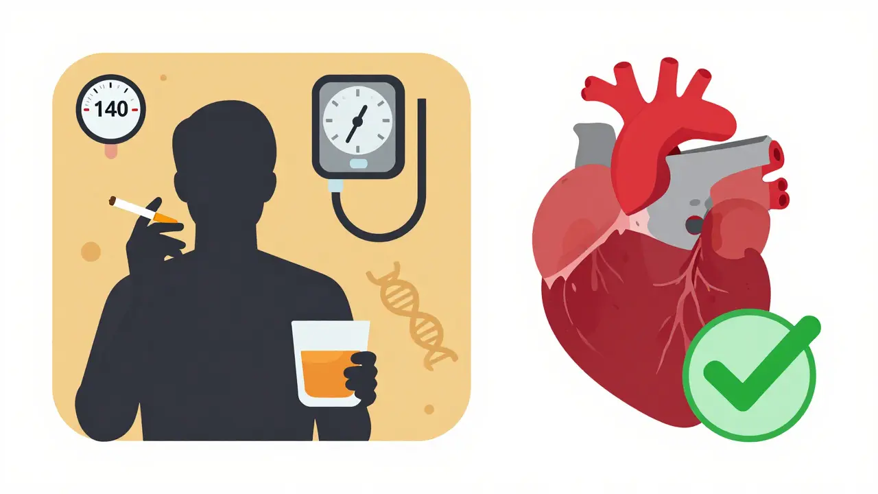 Flat graphic showing smoking and blood pressure as aneurysm risk factors.