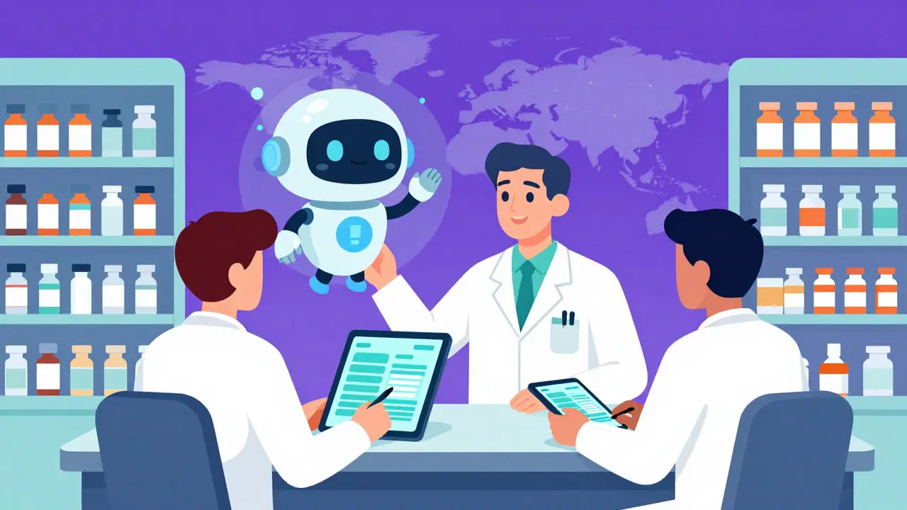 Flat illustration of pharmacists using AI technology for future medication safety