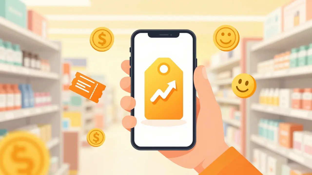 Happy person using app to save money on prescription drugs