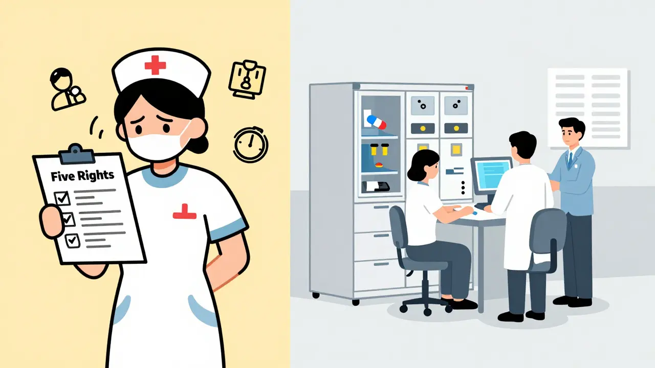 Illustration contrasting stressed manual checks with efficient automated safety systems