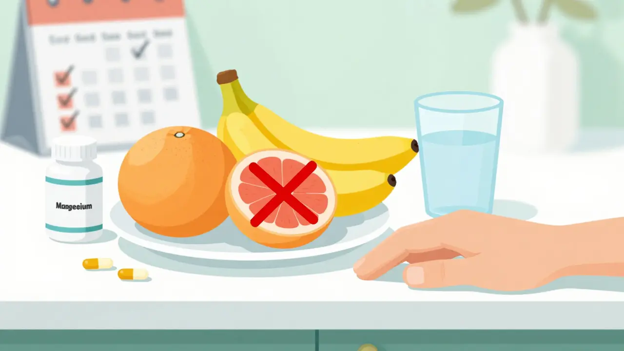 Illustration of dietary restrictions like grapefruit and bananas for transplant patients.