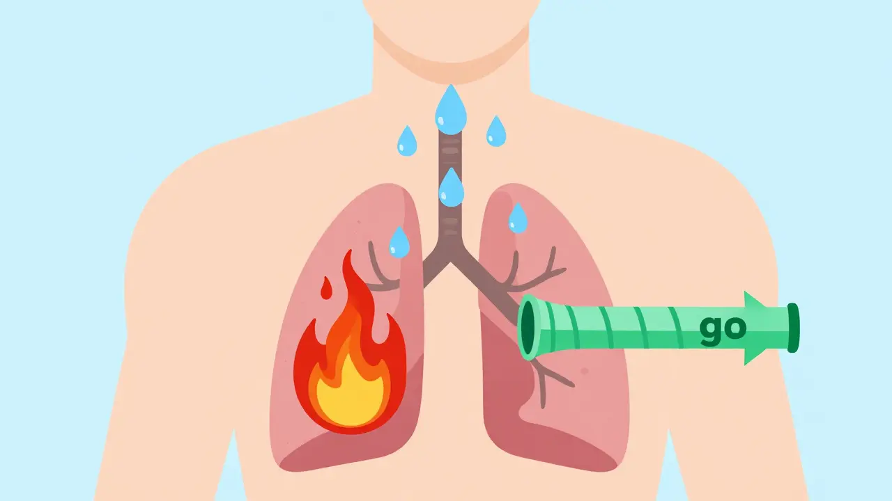 Illustration of lungs with fire and water metaphors for asthma treatment types