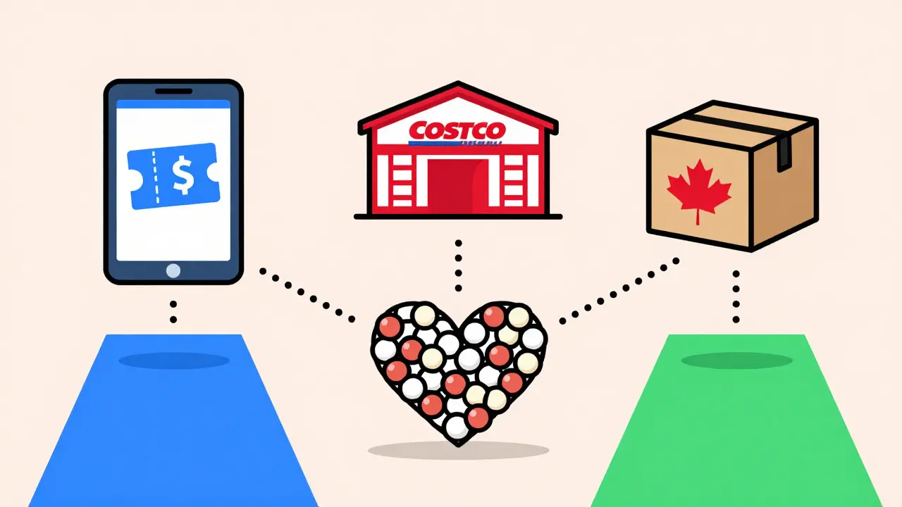 Illustration of three options for saving money: discount apps, warehouse clubs, and online pharmacies