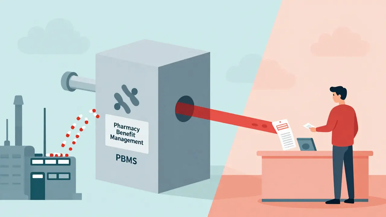 Illustration showing how PBMs block savings between manufacturers and patients