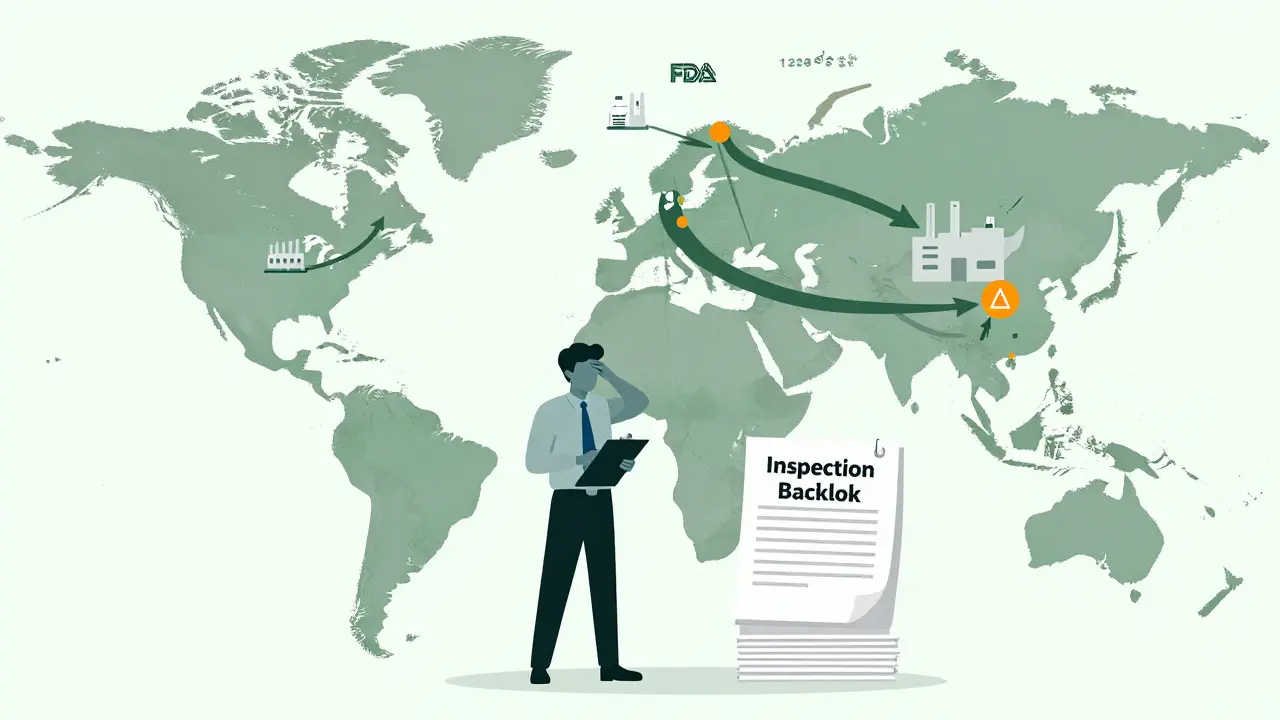 Map showing drug supply chains from Asia to US with inspection backlog