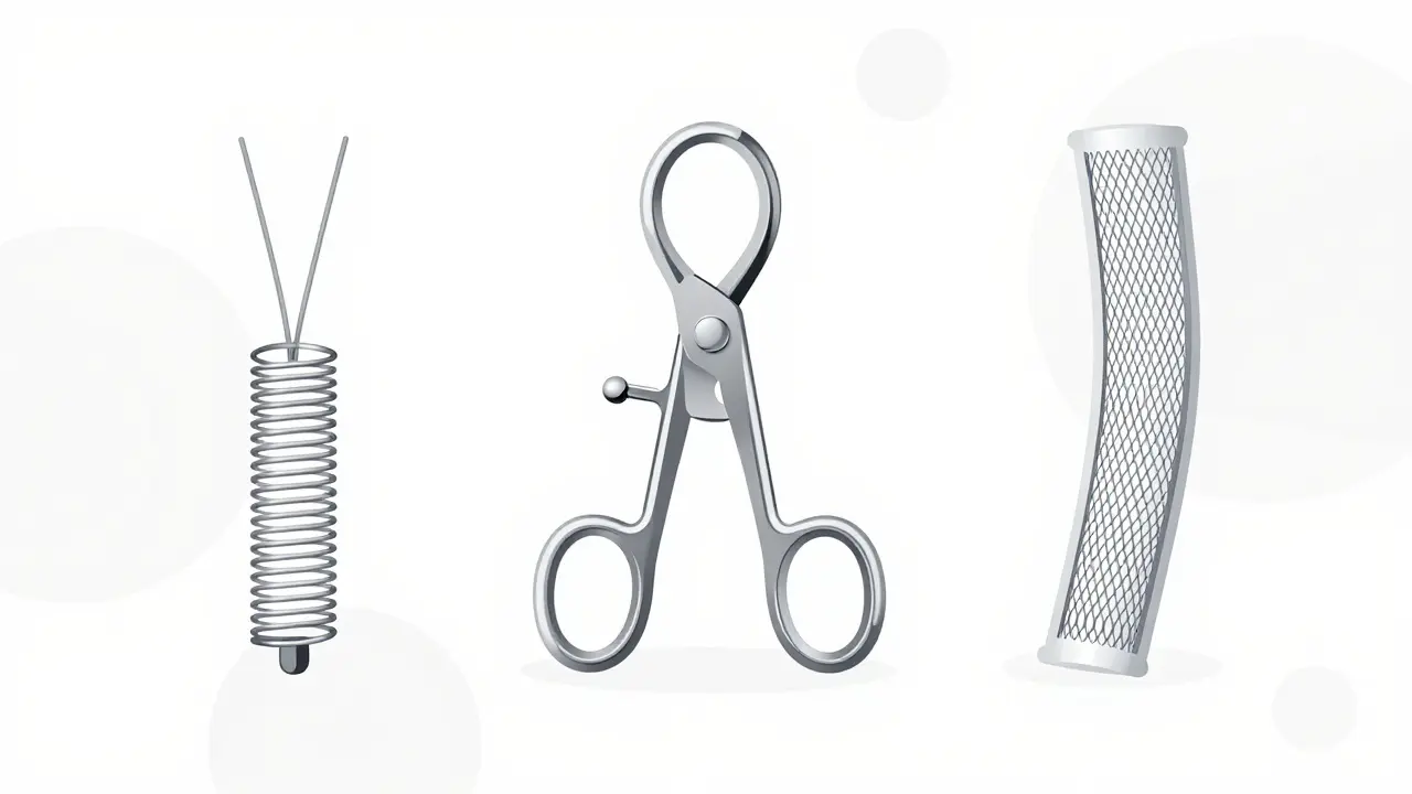 Medical tools for aneurysm treatment: clip, coil, and stent illustrated.