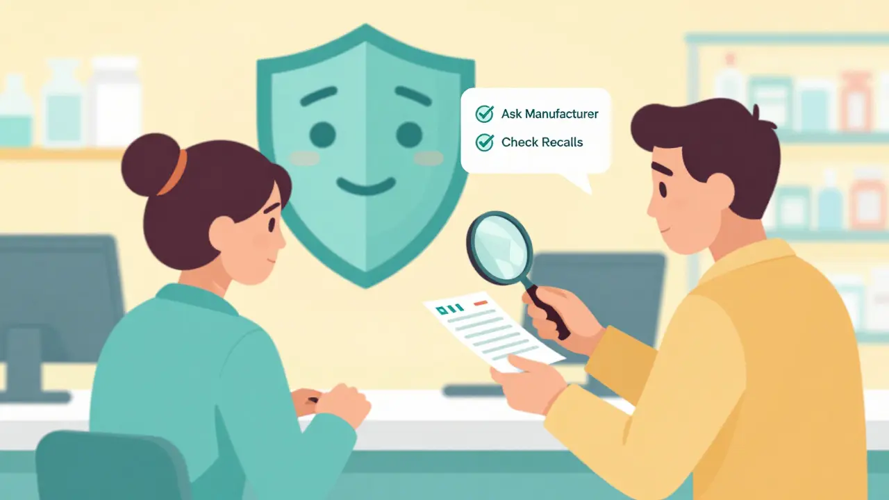 Patient consulting pharmacist who checks medication label for safety