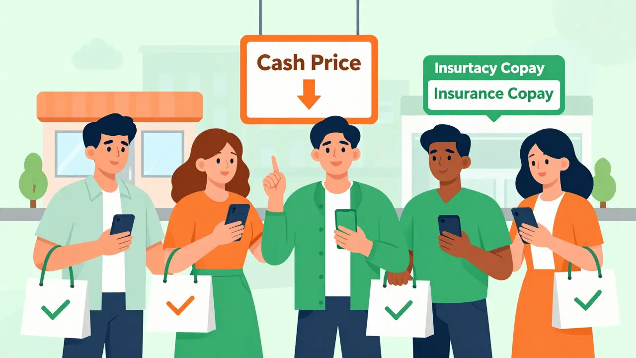 People using phones to compare cash prices vs insurance copays at pharmacies