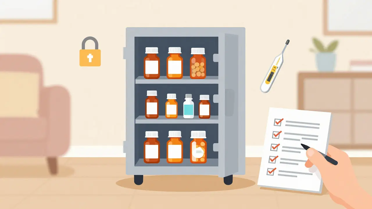 Securely stored medication in a locked cabinet at home