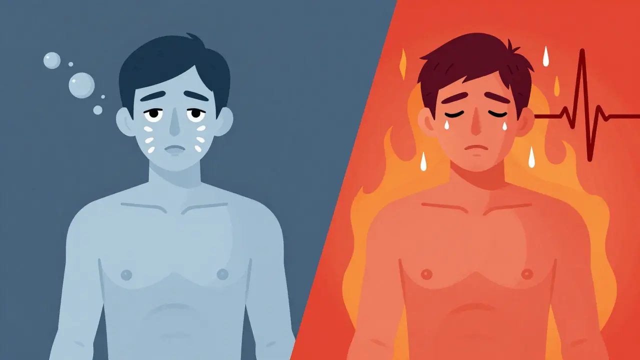 Split illustration comparing opioid and stimulant overdose effects