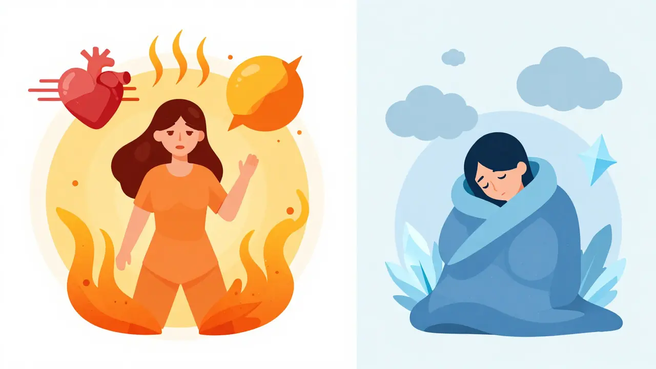 Split illustration showing hot hyperthyroid and cold hypothyroid symptoms