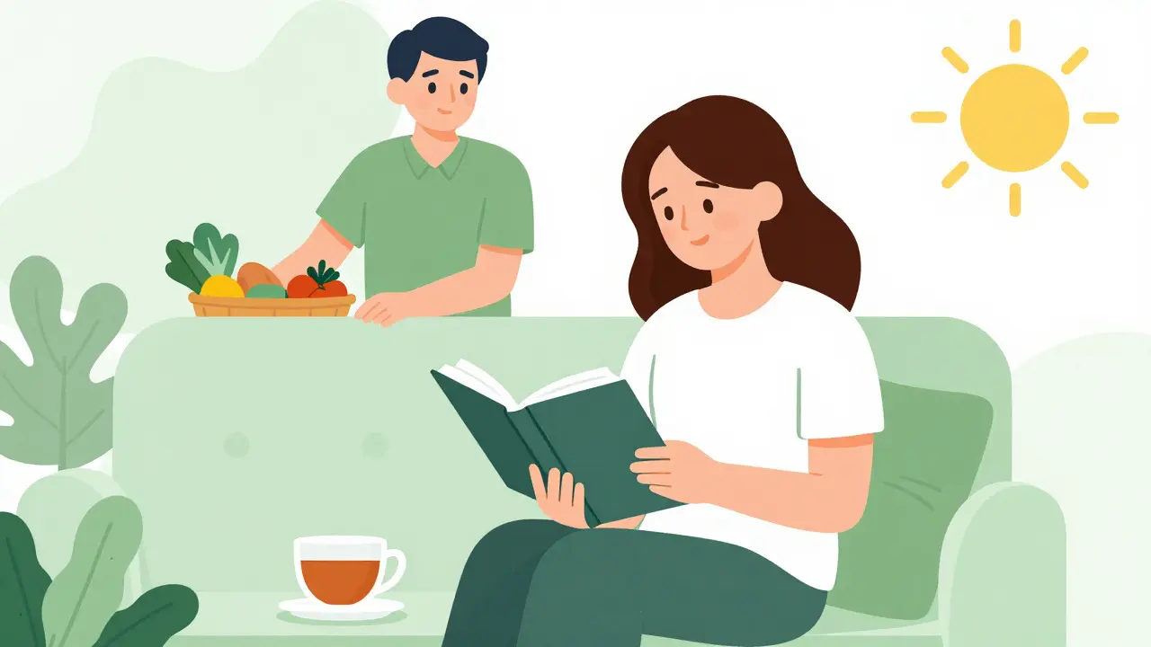 Supportive home scene with mother resting and healthy food nearby