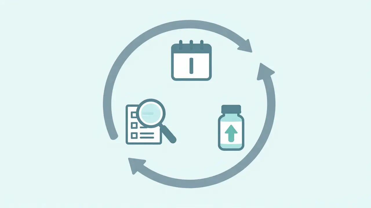 Visual guide showing the steps of stopping, checking, and restarting statin therapy