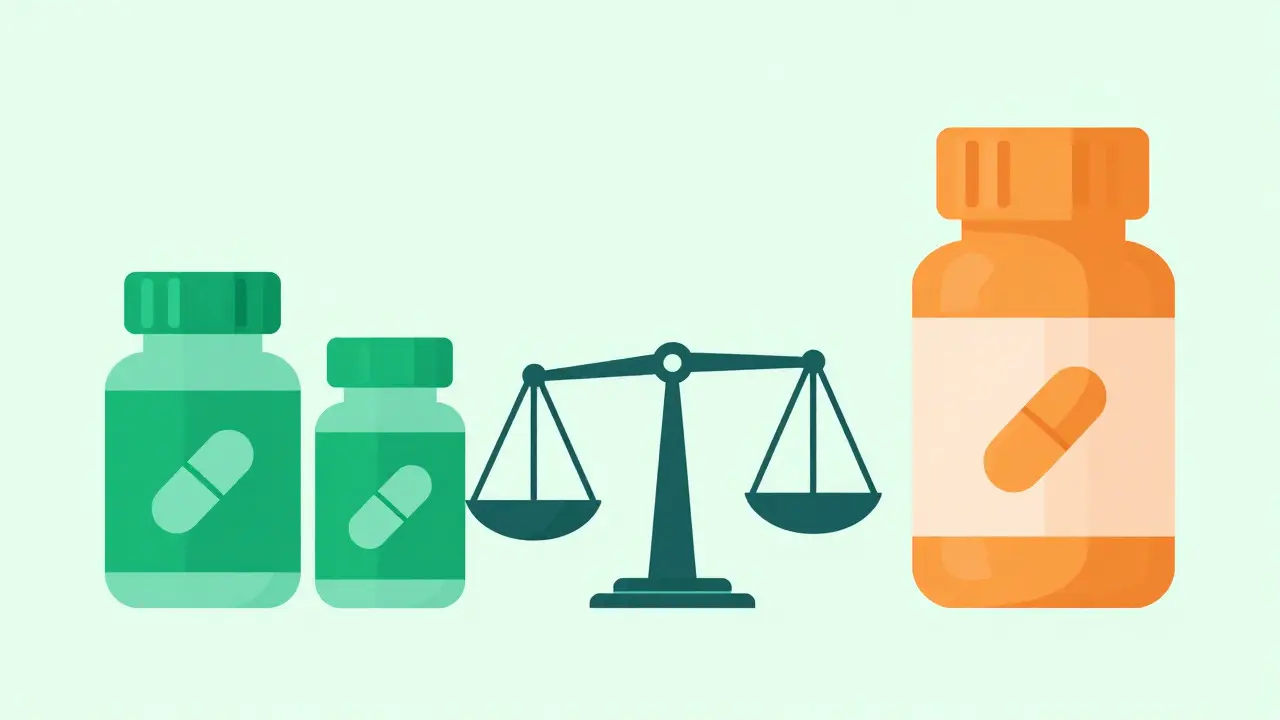 Balance scale comparing cost of combo vs separate meds