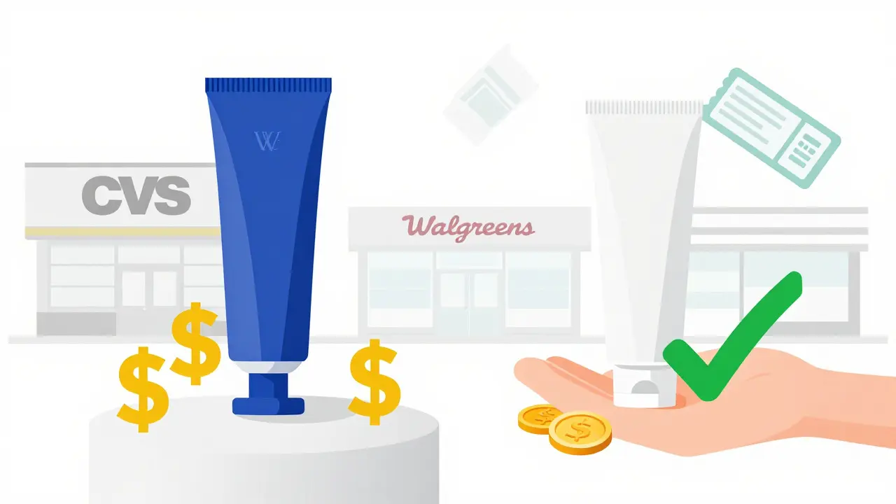 Comparison illustration showing expensive brand cream versus affordable generic acyclovir