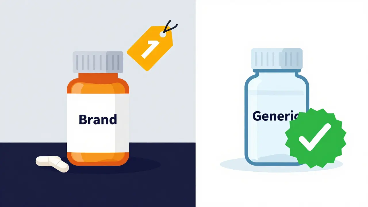 Comparison of expensive brand name vs cheap generic medicine bottles