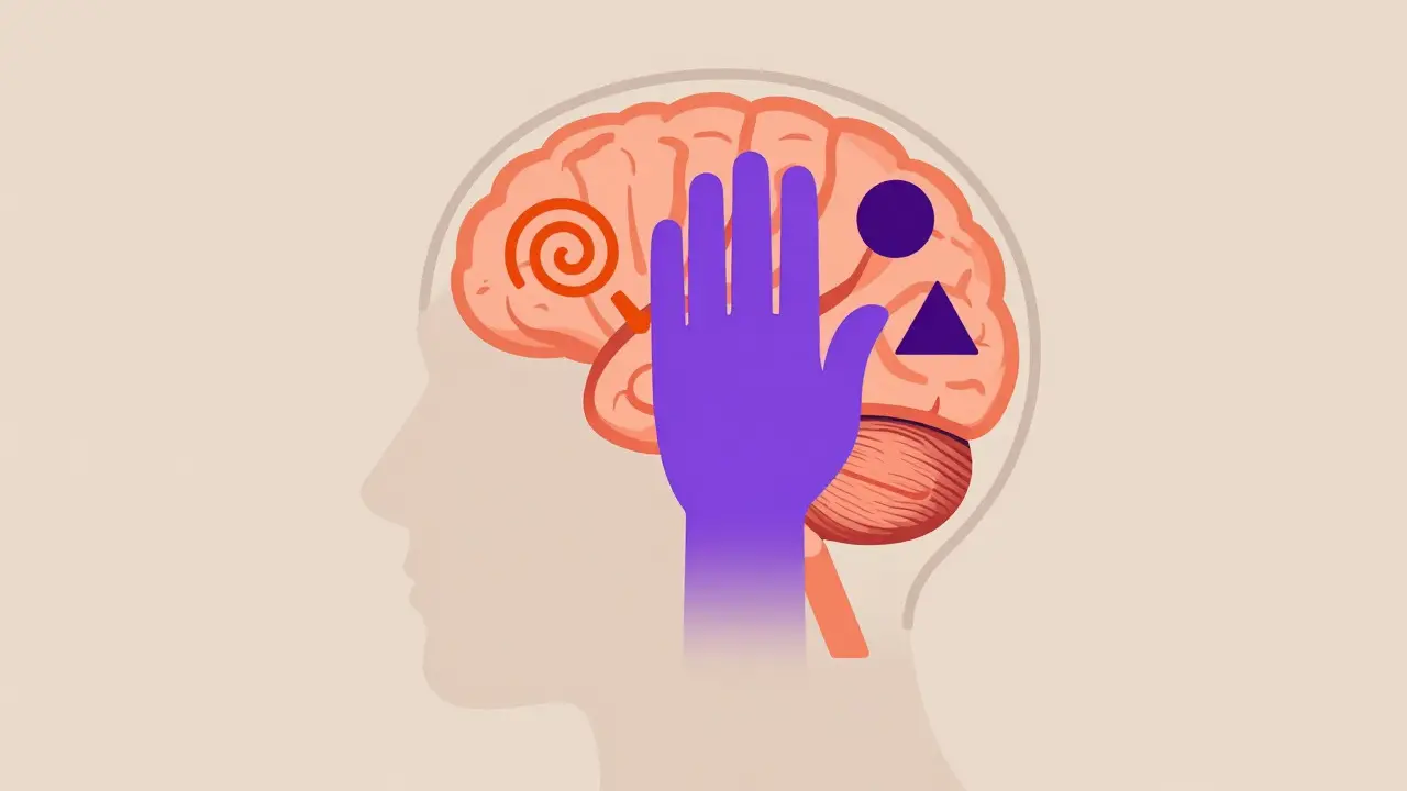 Conceptual illustration of brain signals being blocked by medication
