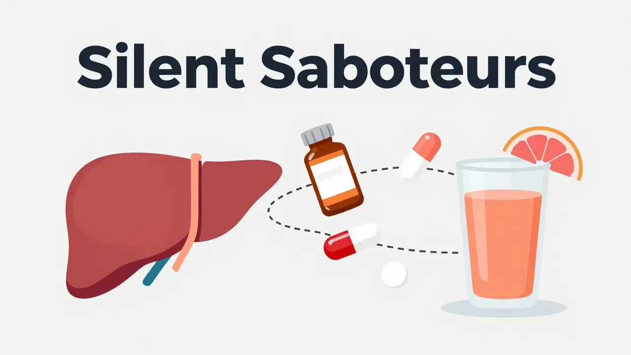 Conceptual illustration of supplements and food interfering with medication metabolism