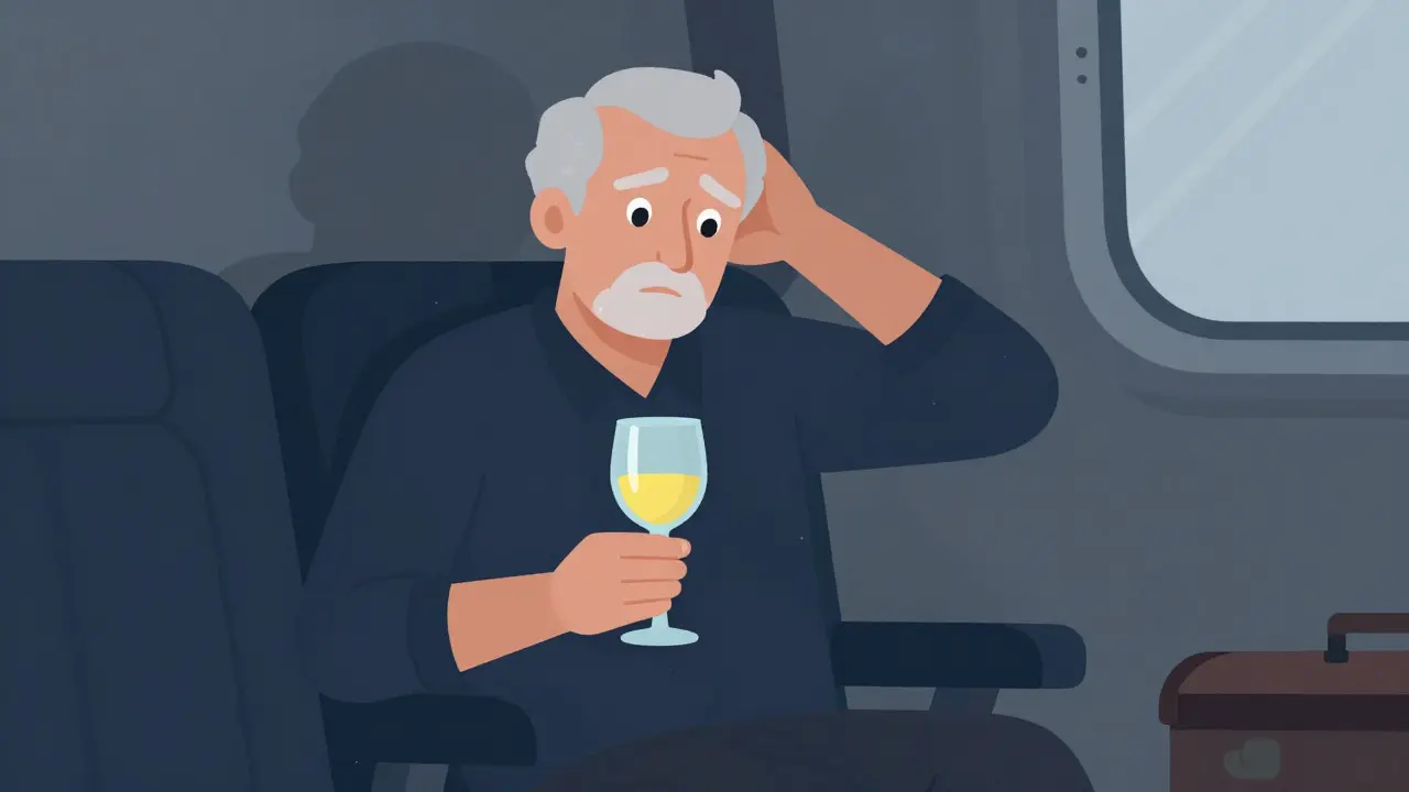 Confused elderly traveler mixing alcohol with sedative effects