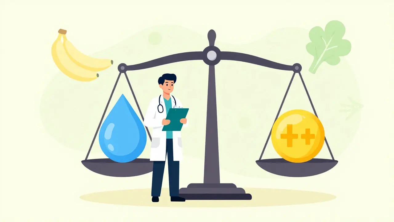 Doctor balancing fluid removal and potassium levels on a scale