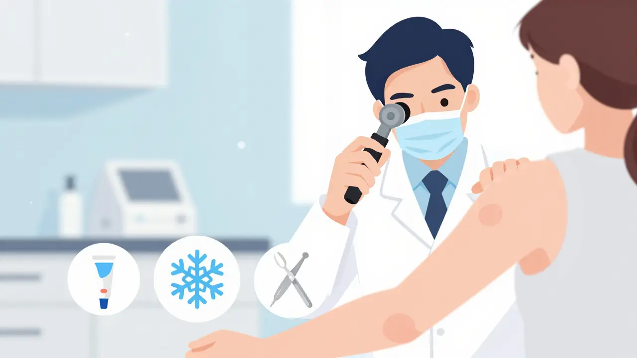 Doctor examining skin with treatment icons in clinic