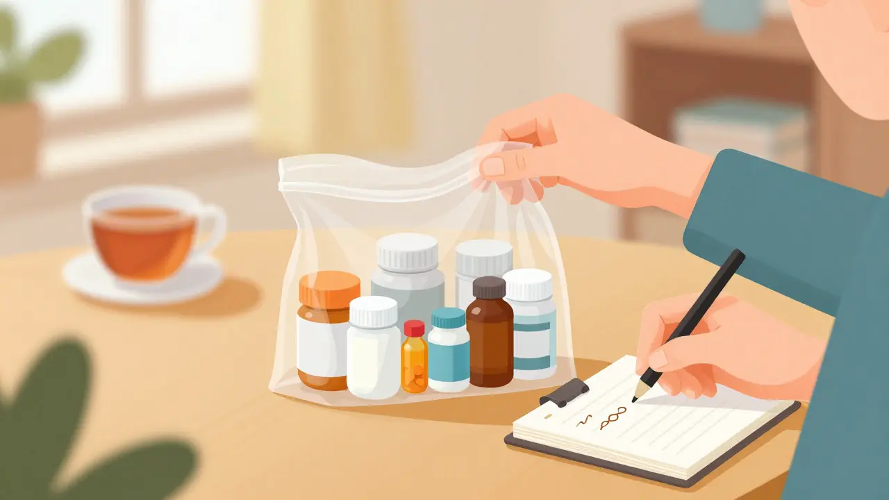 Hands organizing medication bottles and supplements in a bag for a pharmacy visit