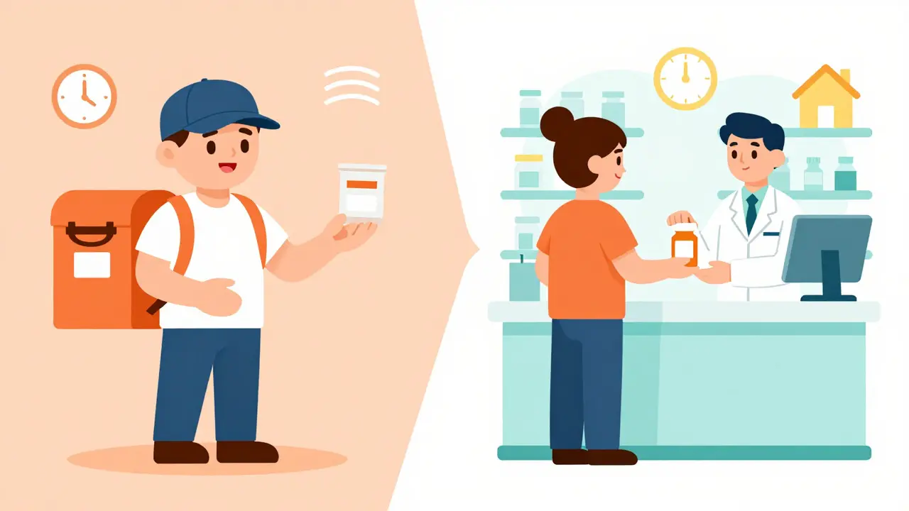 Illustration comparing home delivery and local pharmacy pickup options