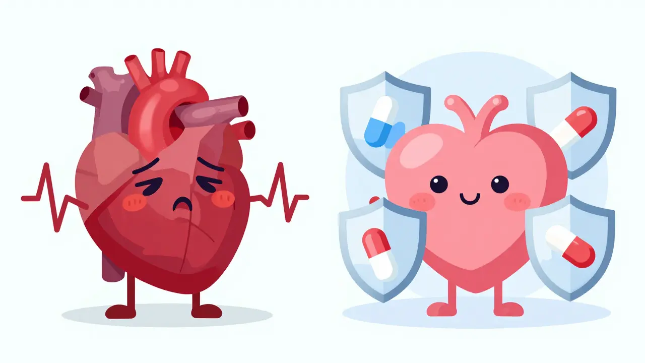 Illustration comparing stressed heart with arrhythmia vs protected heart