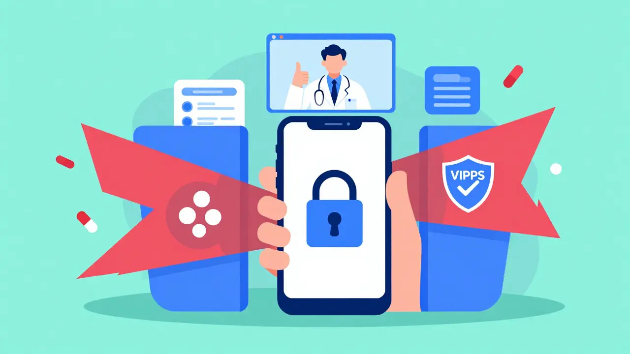 Illustration of secure online pharmacy shopping with safety badges and telehealth support