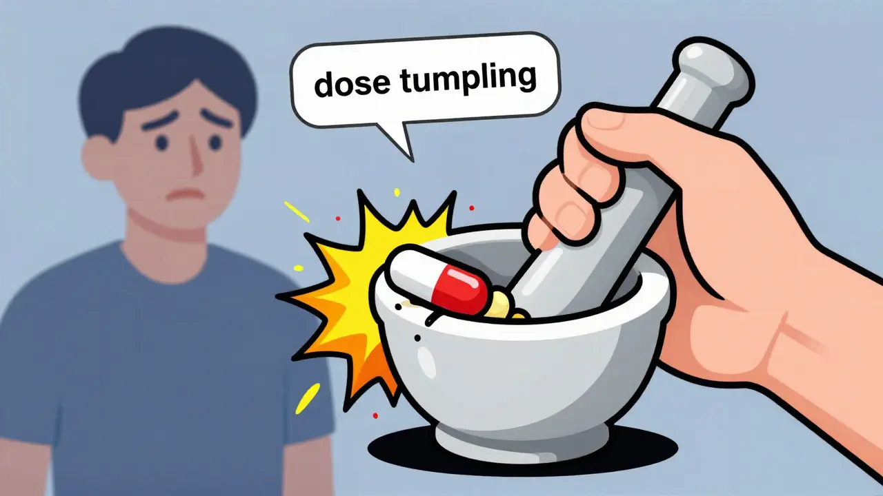 Illustration warning against crushing extended-release pills