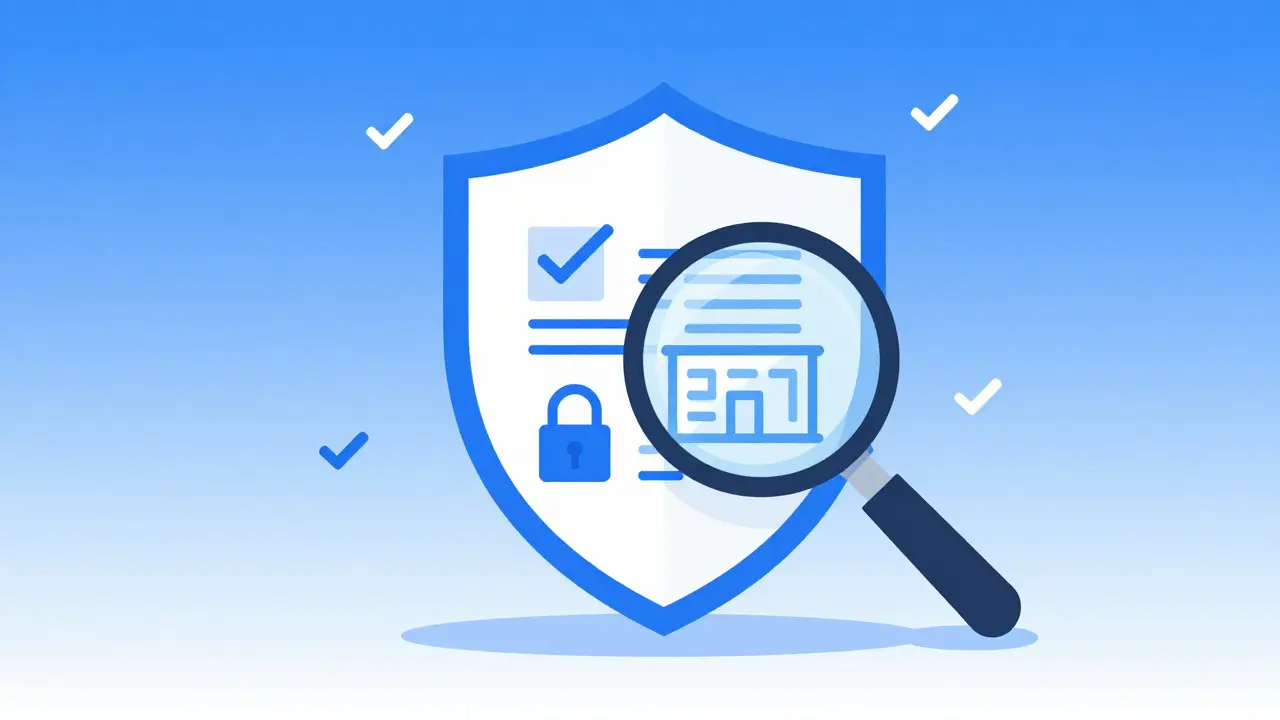 Magnifying glass checking safety icons for online pharmacy verification