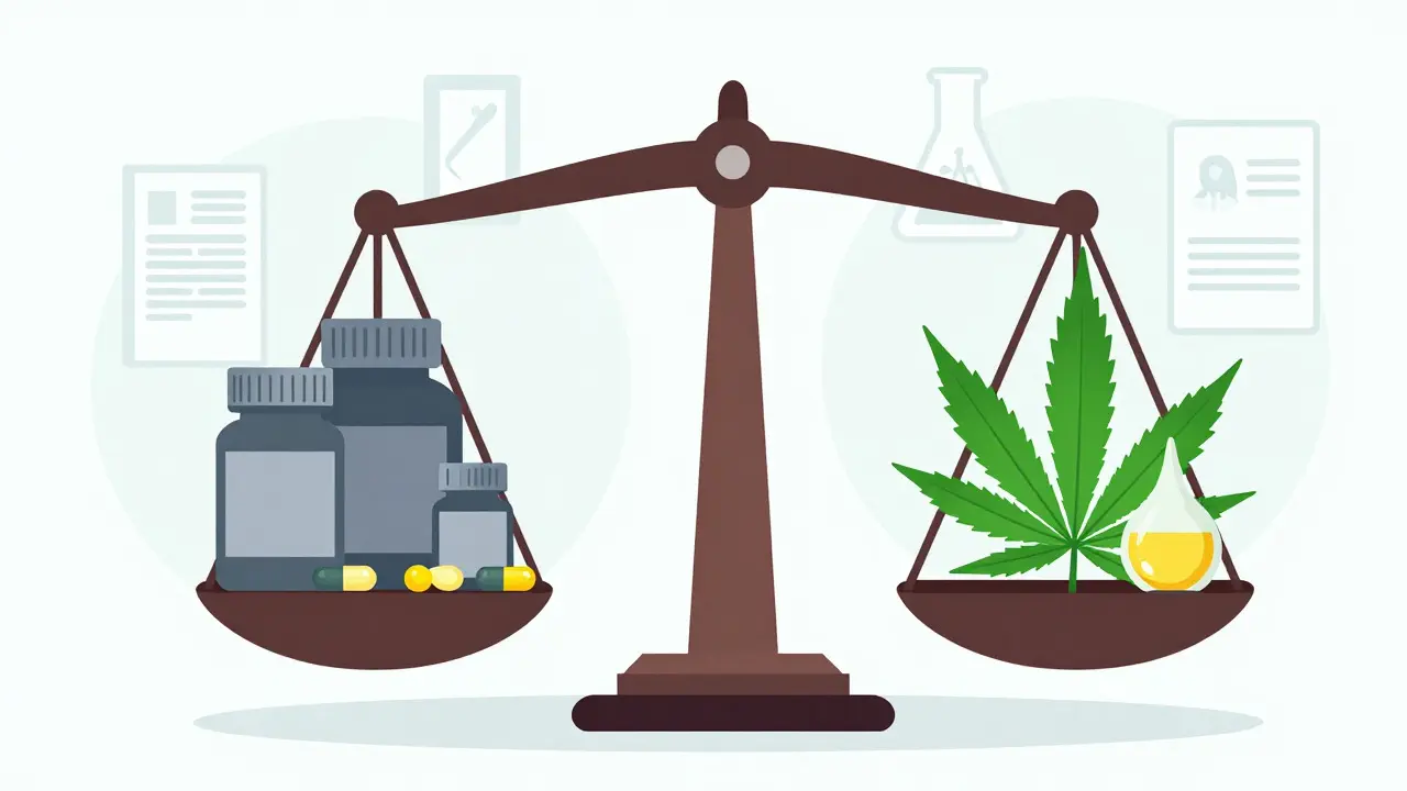 Scale balancing opioid pills against cannabis oil and leaves